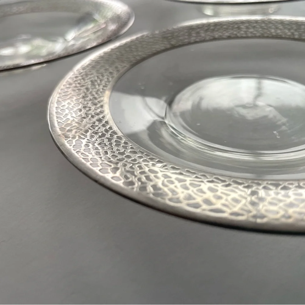 Five Vintage Clear Glass Sterling Silver Lace Overlay Bread Plates